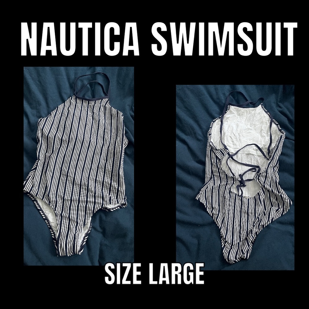 White and Navy striped swimsuit